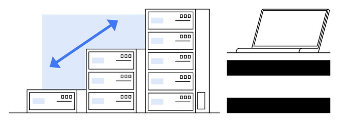 Server stacks of varying sizes with growth arrow expanding upward, linked to a nearby laptop. Ideal for technology, scalability, cloud computing, data architecture, IT solutions, remote work