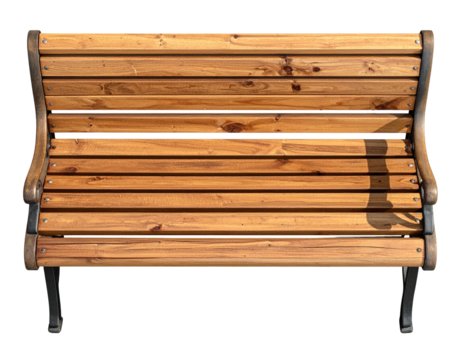 Wood bench backrest, horizontal planks, metal trim