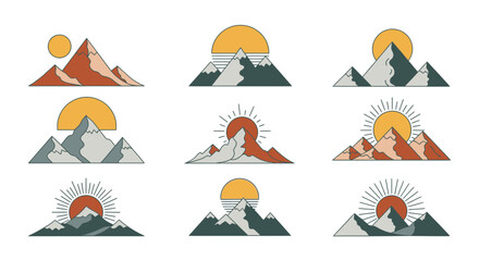 Stunning mountain range peaks graphic set with suns, perfect for adventure logos or outdoor brand designs, evokes freedom and exploration, originally a vector