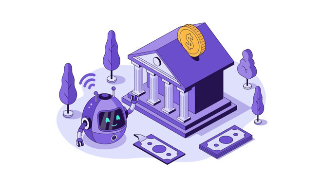 Innovative AI robot managing digital finances and securing assets within a modern isometric bank, symbolizing future technological advancements in the banking industry