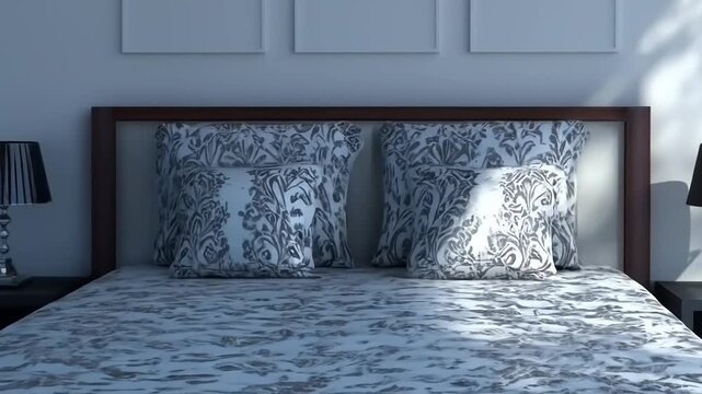 Modern bedroom interior design displays a large comfortable bed featuring patterned bedding with matching pillows, flanked by black bedside tables with lamps, illuminated by natural light.