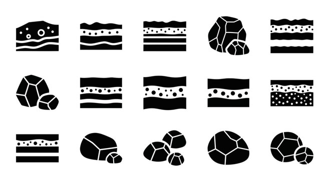 Discover geological layers and rock formations, essential icons for earth science, mining, and construction projects.
