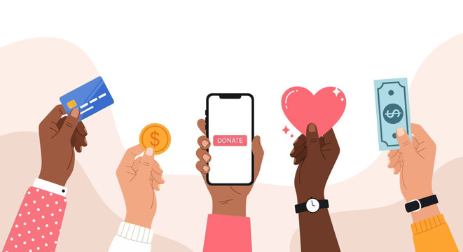 Community fundraising and support concept with diverse hands contributing money and love through a mobile app for charity
