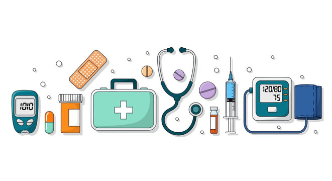 Comprehensive vector illustration of essential medical supplies and diagnostic tools for healthcare, first aid, and patient treatment, presented in a clean, modern flat design