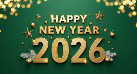 Festive banner with Merry Christmas and Happy New Year 2026 on a bright green background with glowing bokeh lights. Holiday greeting design with cheerful and sparkling seasonal mood.