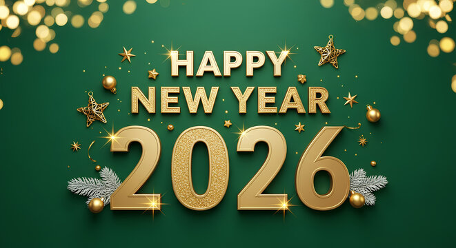 Festive banner with Merry Christmas and Happy New Year 2026 on a bright green background with glowing bokeh lights. Holiday greeting design with cheerful and sparkling seasonal mood. - Powered by Adobe