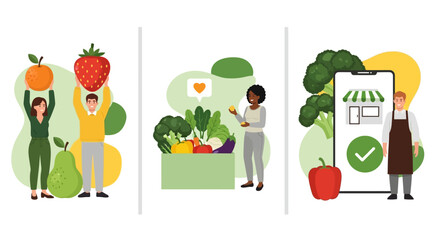 Healthy lifestyle choices and online grocery shopping illustration
