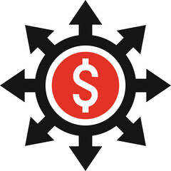 Red Circle With Dollar Sign and Black Arrows Radiating Outward Indicating Financial Growth and Opportunity In White Background