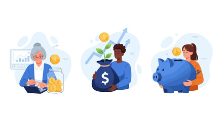 Empowering Financial Journey Illustration Showcasing Effective Money Management, Strategic Saving, Wise Investment for Wealth Growth, and Secure Future Planning