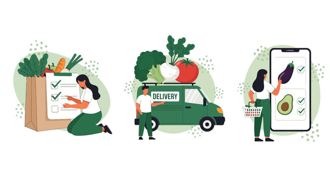 Online grocery shopping delivery illustration with a person checking list, delivery van, and phone ordering