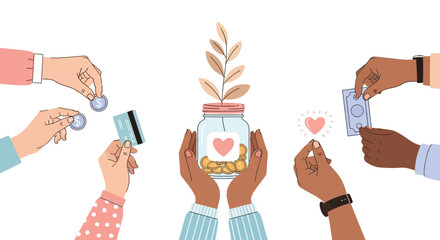 Hands Contributing to a Charity Jar with Heart Symbol