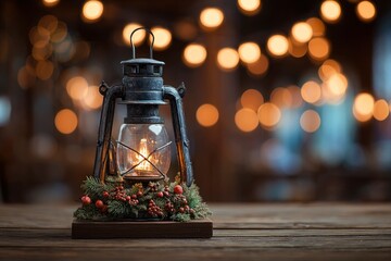 A rustic lantern with lit bulb set on a wooden base with evergreen and berry adornments against a bokehlit backdrop