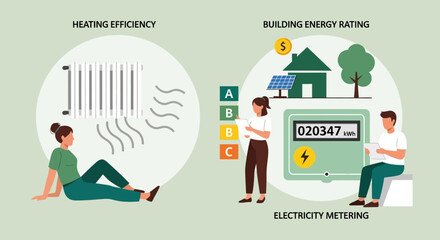 Energy Efficiency, Building Rating, and Electricity Metering Vector Illustration