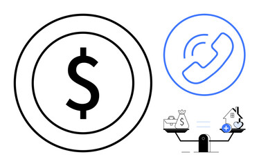 Financial balance concept. Dollar symbol, phone communication, and asset balance icon wealth management and communication. Financial planning, budgeting, investments, and economic strategies. Ideal
