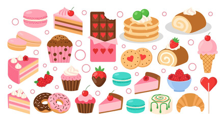 A delightful assortment of sweet treats including cakes, donuts, ice cream, macarons, and pastries, perfect for any celebration or indulgence