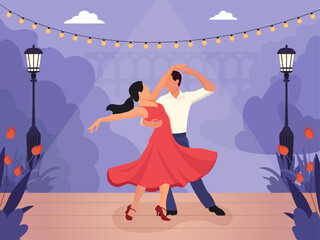 Dancing Couple on Outdoor Stage &ndash; Elegant Red Dress, String Lights and Classical Architecture in Festive Evening Scene