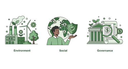 Conceptual vector set illustrating corporate responsibility principles for sustainable investment and ethical impact