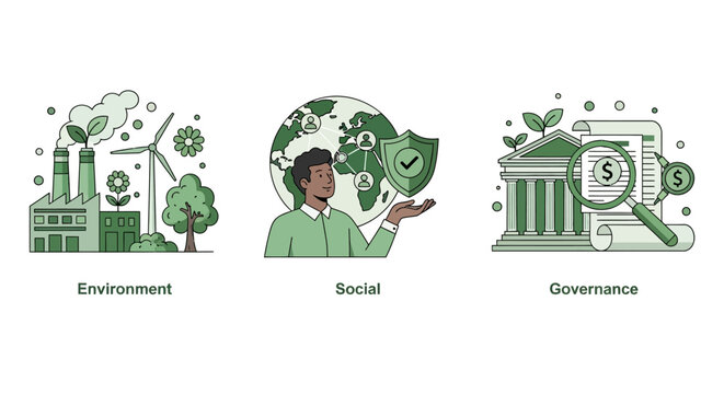 Conceptual vector set illustrating corporate responsibility principles for sustainable investment and ethical impact