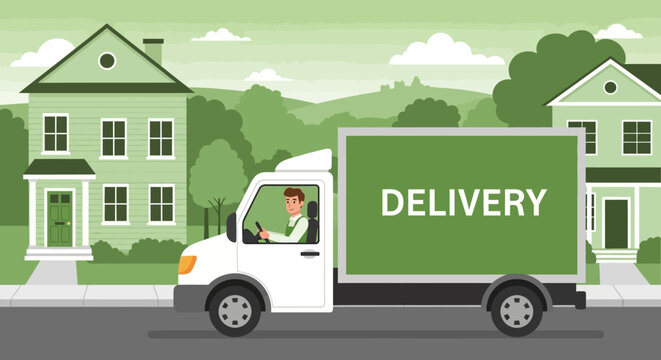 A vector illustration of a delivery truck driver navigating a suburban street, representing shipping and logistics services