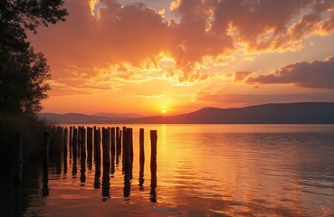 Fototapeta premium Warm sunset paints sky orange and yellow over calm lake water. Silhouetted hills and old wooden pier posts reflect on surface. Peaceful natural landscape.