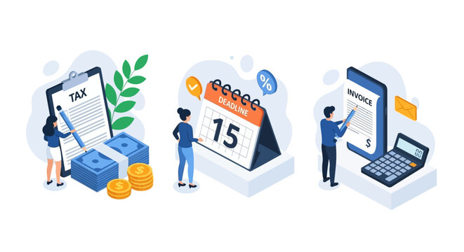 Isometric vector illustrations of financial management, tax preparation, and payment deadlines. Visuals for online billing, digital invoicing, and accounting concepts - Powered by Adobe