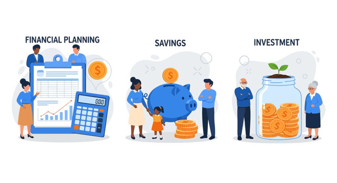 A visual representation of essential personal finance concepts including detailed financial planning, practical savings strategies, and smart investment growth