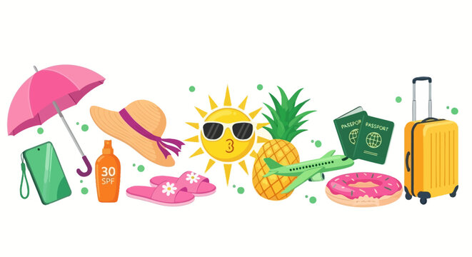 Vibrant vector illustration of summer travel and vacation essentials. Features beach accessories, luggage, passports, sun, pineapple, and umbrella, perfect for holiday promotions - Powered by Adobe