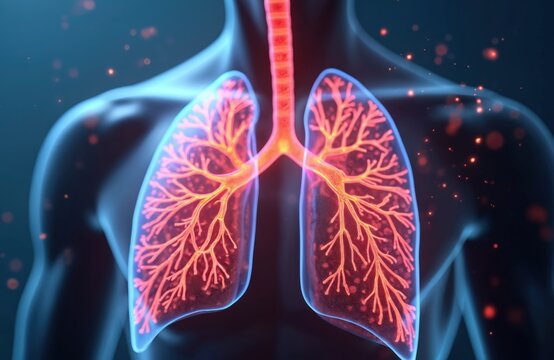 Lungs 3D render shows human respiratory system. Anatomy illustration includes bronchia trachea pleura. Red veins, vessels visible. Medical graphics for pneumonia research pulmonary health