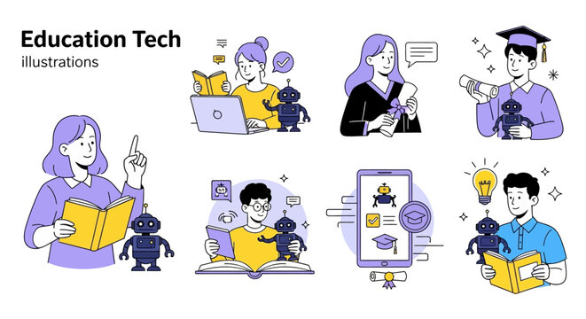 Education Tech Illustrations Students, AI Robots, Learning, Technology, and Innovation Concepts