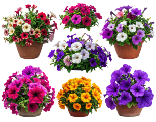 Grouping of Petunia potted flowers, colorful, lush