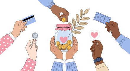 Diverse hands donating money to a charity jar, illustrating a concept of community support, fundraising, and generosity