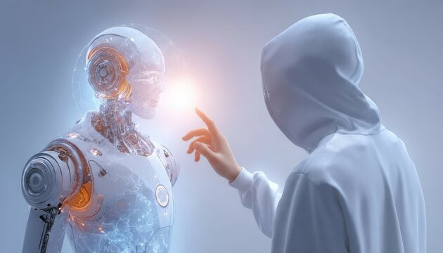 Dramatic encounter between human and AI, neon-lit circuitry, glassy biomechanical silhouette, city lights in the background.