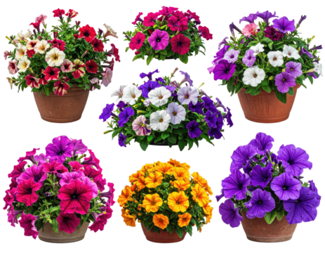 Grouping of Petunia potted flowers, colorful, lush