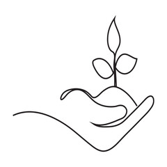 Single continuous line drawing of a hand cradling a young plant growing from the earth, symbolizing care, nature, and new beginnings.