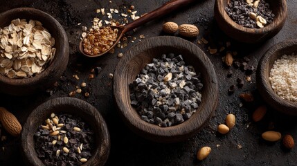Assortment of whole grains and dark chocolate chunks displayed in rustic wooden bowls from a top down perspective