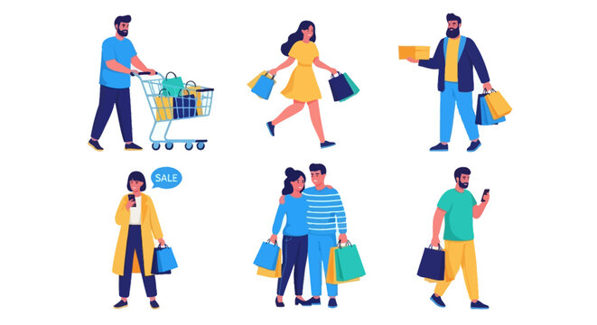 Vibrant vector illustration set showcasing diverse people engaging in various shopping activities, featuring individuals with carts, carrying bags, and interacting 