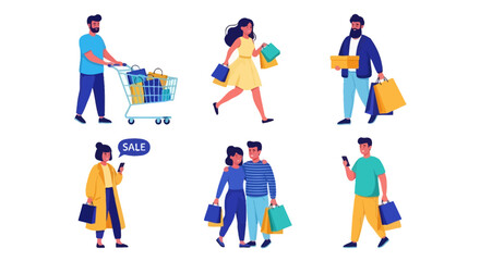 Fototapeta premium A diverse collection of modern shoppers engaged in retail activities, including carrying bags, pushing a cart, and using smartphones for sales