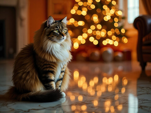 Majestic long-haired tabby cat sitting elegantly in a warm living room with golden Christmas tree bokeh lights reflecting on the polished marble floor.