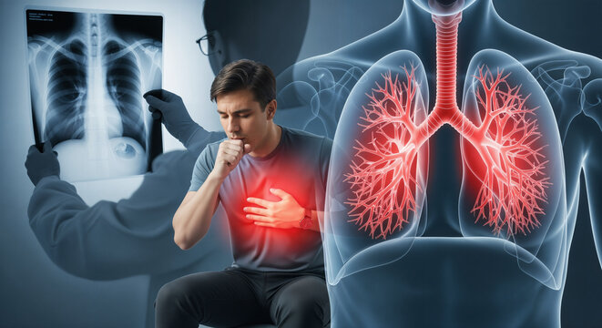 Man coughing with chest pain, combined with 3D visualization of inflamed lungs (red bronchi) and chest X-ray diagnosis by a doctor.
