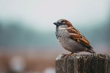 A sparrow perches on a weathered post its brown  grey plumage contrasting against a soft blurred background