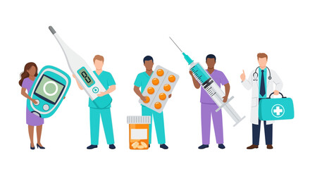 A diverse team of medical professionals and healthcare staff holding essential treatment equipment. A vector concept illustration