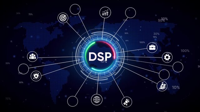 Digital Network Hub with DSP Text and Global Map Background Keywords: DSP, digital network, technology, global map, data, connection, communication, innovation, abstract, futuristic, network