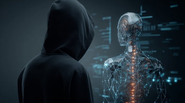 Dramatic encounter between human and AI, neon-lit circuitry, glassy biomechanical silhouette, city lights in the background.