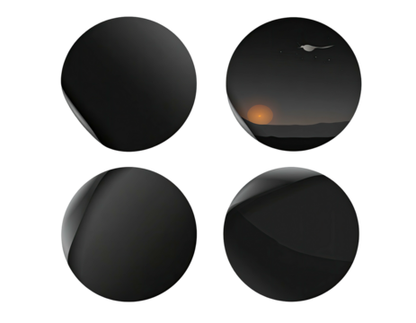 Black circles peel; desert sunset visible in one