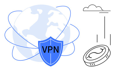 Globe surrounded by blue lines and shield labeled VPN, symbolizing secure connections. Includes a coin and cloud, symbolizing digital security, transactions, cloud storage. Ideal for cybersecurity