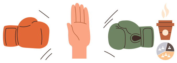 Red and green boxing gloves facing a raised hand as a peace gesture, joined by a coffee cup and teamwork symbol. Ideal for communication, negotiation, mediation, conflict management, teamwork