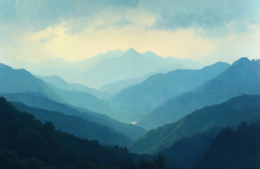 Blue mountains landscape with cloudy sky. Layers of hills in misty atmosphere. Green trees on mountain slopes. Natural scenery with foggy weather. Beautiful mountain range with clouds.