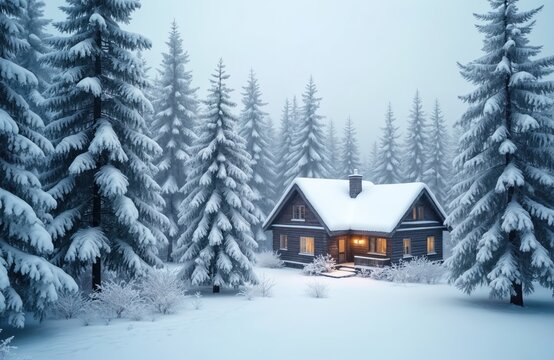 Cozy cabin in snow covered forest. Tall pine trees blanketed in white fluff. Warm light glows from windows of log home. Peaceful winter landscape scene. Countryside retreat.