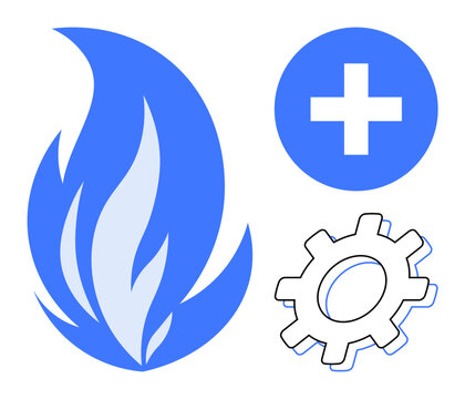 Blue flame, gear, and cross suggesting energy, innovation, healthcare, and technical solutions. Ideal for energy, technology, health optimization innovation system development and sustainability
