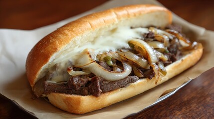 Hearty sandwich featuring sliced meat, melted cheese, and saut?ed onions served on a long roll